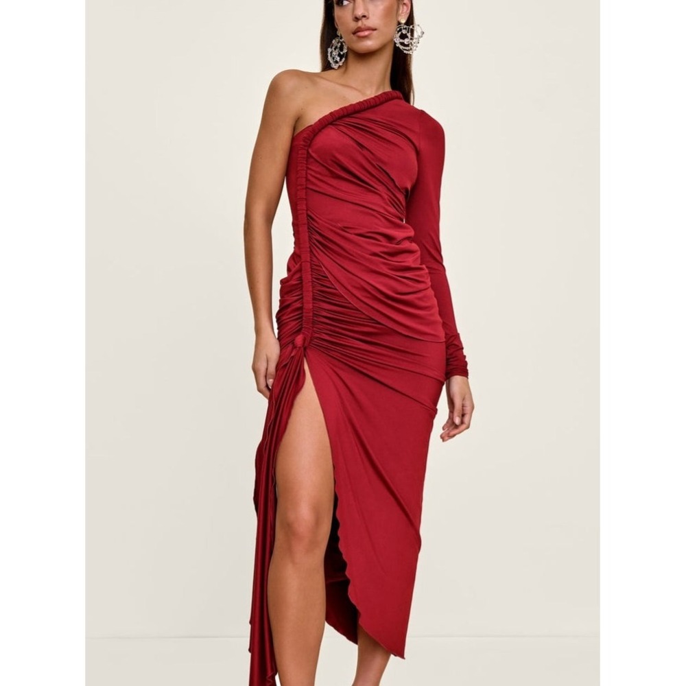 NWT Andrea Iyamah Turi Maxi Dress Burgundy One Shoulder Ruched Bodycon Small New